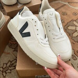 Veja White Leather Sneakers with Black V Accent